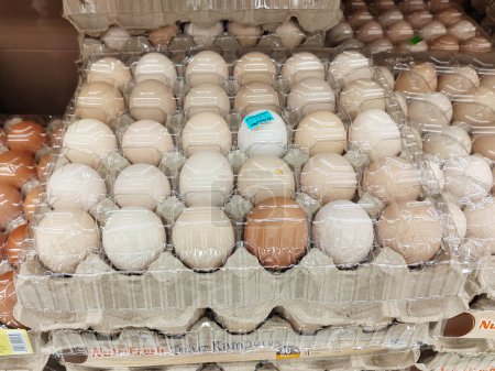 Téléchargez les photos : SEREMBAN, MALAISIE - 8 MARS 2022 : Œufs de poulet frais dans un conteneur à palettes, à vendre dans un supermarché. Trier par grade et taille. - en image libre de droit