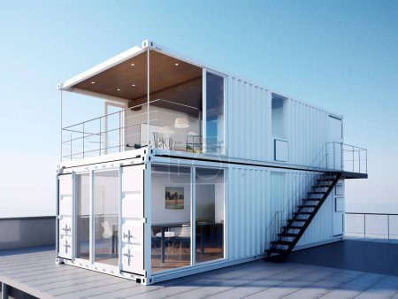 Photo for Illustration of a small house built from recycled shipping containers. Painted in white to reduce the rate of heat conductivity into the house. The house is equipped with furniture and utility services. - Royalty Free Image