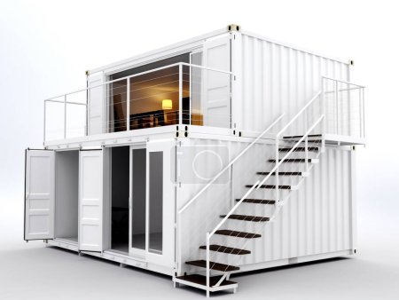 Ilustración de una pequeña casa construida a partir de contenedores de transporte reciclados. Pintado en blanco para reducir la tasa de conductividad térmica en la casa. La casa está equipada con muebles y servicios de utilidad.