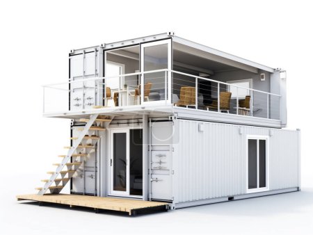 Photo for Illustration of a small house built from recycled shipping containers. Painted in white to reduce the rate of heat conductivity into the house. The house is equipped with furniture and utility services. - Royalty Free Image