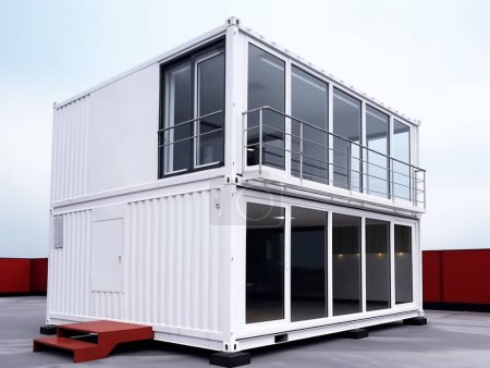 Illustration of a small house built from recycled shipping containers. Painted in white to reduce the rate of heat conductivity into the house. The house is equipped with furniture and utility services.