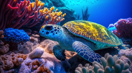 Photo for Illustration of a turtle swimming in shallow sea water. Through the cracks of the beautiful sea coral. The turtle is heading towards the beach for the purpose of laying eggs. - Royalty Free Image