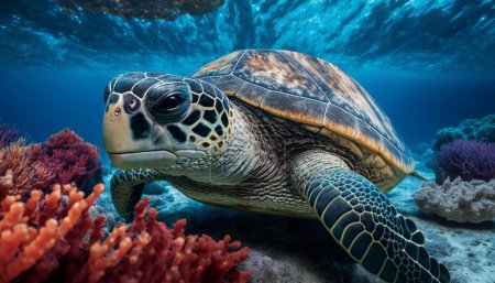 Téléchargez les photos : Illustration d'une tortue nageant en eau peu profonde. À travers les fissures du magnifique corail de mer. La tortue se dirige vers la plage pour y pondre des œufs.. - en image libre de droit