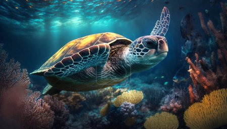 Téléchargez les photos : Illustration d'une tortue nageant en eau peu profonde. À travers les fissures du magnifique corail de mer. La tortue se dirige vers la plage pour y pondre des œufs.. - en image libre de droit