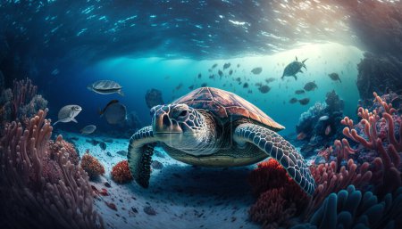 Illustration einer Schildkröte, die im flachen Meerwasser schwimmt. Durch die Risse der wunderschönen Meereskorallen. Die Schildkröte steuert auf den Strand zu, um Eier zu legen.