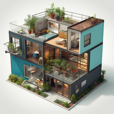 Photo for Illustration of a huge luxury house built from recycled shipping containers. Well organized to maximize space. Some of the walls were opened to show the interior of the house. - Royalty Free Image