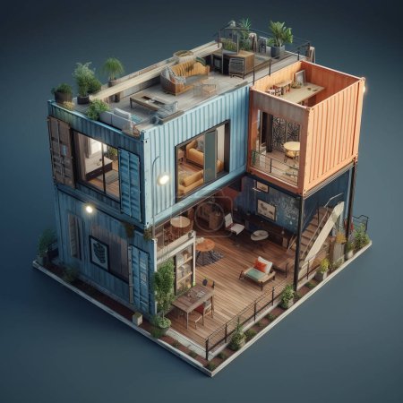 Photo for Illustration of a huge luxury house built from recycled shipping containers. Well organized to maximize space. Some of the walls were opened to show the interior of the house. - Royalty Free Image