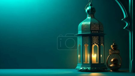 Photo for An illustration of traditional Arabic lanterns that have been lit against the background of Islamic geometric patterns and the quiet atmosphere of the Eid night. Faintly illuminates the surroundings. - Royalty Free Image