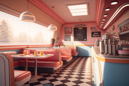 Illustration des Interieurs eines Restaurants im Retro-Stil der 50er Jahre. Keine Besucher. Das Innere des Restaurants ist in einem rosa und türkisfarbenen Farbton gehalten.
