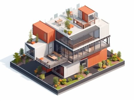 Illustration of a huge luxury house built from recycled shipping containers. Well organized to maximize space. Some of the walls have huge openings that show the house's interior.