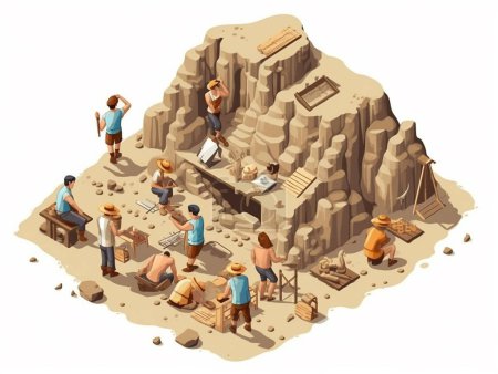 Photo for 3D isometric illustration of several archaeologists carrying out excavation work at an archaeological site. Various other activities such as sample analysis and planning are also being done there. - Royalty Free Image
