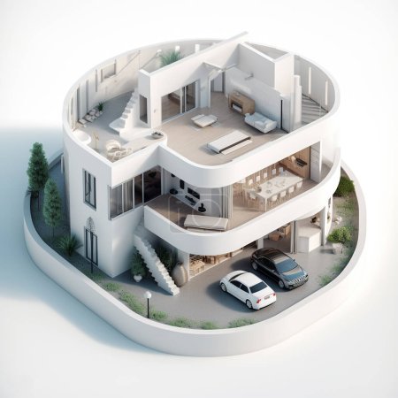 Photo for Isometric illustration of a bunglow house based on Arabic and Greece architecture. Flat roof and lots of open space. Decorated with an interesting interior and landscape. - Royalty Free Image