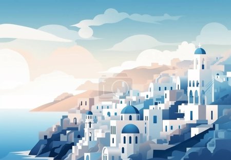 Photo for Beautiful Santorini in illustration view. The view at sunset. Santorini is very popular as a tourist destination. - Royalty Free Image