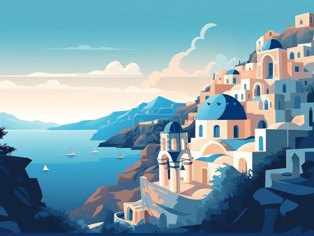 Foto de Hermoso Santorini en vista de la ilustración. La vista al atardecer. Santorini es muy popular como destino turístico. - Imagen libre de derechos