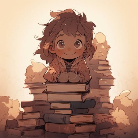 Photo for A cartoon illustration of a child sitting in a big pile of books, looking happy and excited. 2D flat graphic illustration, isolated on blank background. - Royalty Free Image