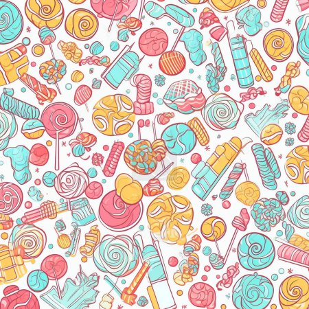 Illustration de motifs de bonbons qui sont disposés aléatoirement et mélangés avec différents types. Bonbons en différentes couleurs et formes. Les illustrations utilisent des couleurs douces et pastel.