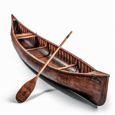 Una canoa tradicional hecha de madera aislada sobre fondo blanco. Adecuado para su uso por no más de dos personas. Se movió en el agua usando un cazo.
