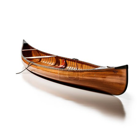 Ein traditionelles Kanu aus Holz isoliert auf weißem Hintergrund. Für nicht mehr als zwei Personen geeignet. Mit einem Dipper auf dem Wasser bewegt.