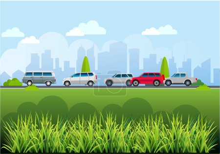 Ilustración de Ilustración del vector, atmósfera del tráfico del coche en la carretera, con la hierba en el primer plano. - Imagen libre de derechos
