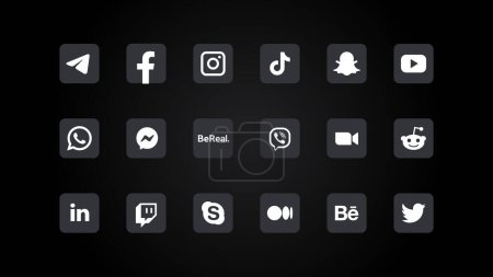 Collection of Popular Social Medias and Messengers Logos Illustrations. Realistic Editorial Set. Monochrome Gray and White Square Buttons with Rounded Corners on Black Background. Web Element for