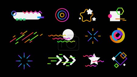 Illustration for Set of Abstract Social Media Stickers Illustrations. Circles, Lines, Stars and Arrows. Geometrical Gradient Neon Colorful Shapes on Black Background for your Stories, Posts, Banners and Graphic Design - Royalty Free Image