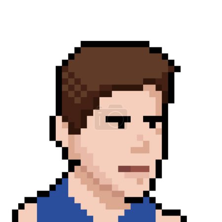 Téléchargez les illustrations : Un personnage de jeu d'ordinateur dans un T-shirt bleu. Pixel art NFT concept. Illustration vectorielle - en licence libre de droit