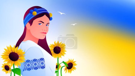 Ukrainisches Mädchen mit Sonnenblumen und blau-gelbem Hintergrund. Vektorillustration