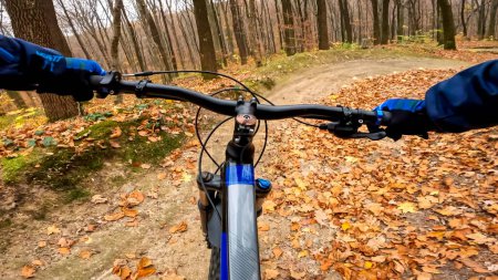 Photo for Enduro bicycle ride on the forest trails in the autumn season - Royalty Free Image