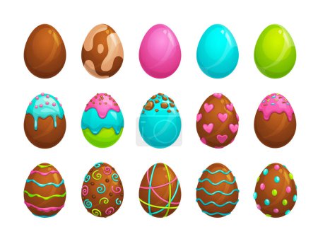 Illustration for Set of colored and sweet chocolate eggs. Traditional Easter holyday egg symbol, decorated with stripes, dots and patterns. Isolated vecor icons on white background. - Royalty Free Image