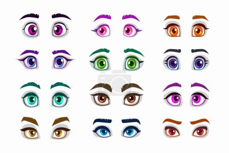 Ilustración de Cartoon anime girls eyes and eyebrows set. Vector girlish eye, face elements, isolated on white. - Imagen libre de derechos