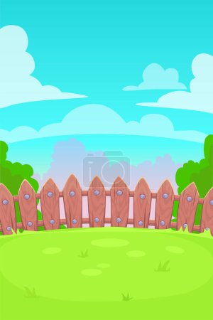 Ilustración de Sunner sunny day scene in cartoon style, rural landscape with grass, fence trees and clouds. Farm background for games. Vector outdor illustration. - Imagen libre de derechos