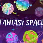 Fantasy world concept. Horizontal space banner with cartoon fantasy planets in cartoon style, vector illustration.