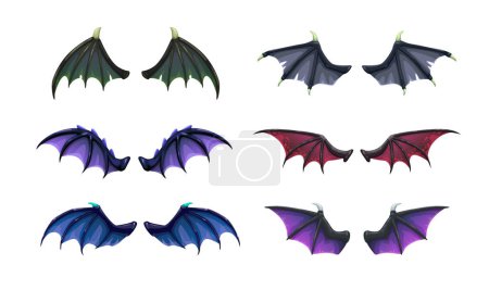 Téléchargez les illustrations : Different cartoon dark fantasy wings set. Dragon, devil, bat wing icons. Isolated vector elements. - en licence libre de droit