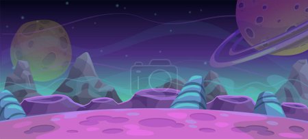 Illustration for Alien fantastic landscape, cosmic background in blue and purple tones. Vector night scene for games with craters, mountains, night sky and fantasy planets. - Royalty Free Image