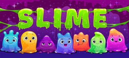 Illustration for Horizontal banner with green slimy gooey letters. Funny cute cartoon multicolored slime characters. Comic colorful little jelly monsters. - Royalty Free Image