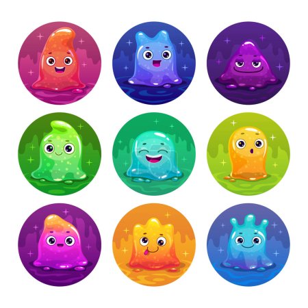 Illustration for Little cute cartoon colorful glitter slime characters set. Jelly tiny monsters set. Vector stiickers with comic slimy aliens. - Royalty Free Image