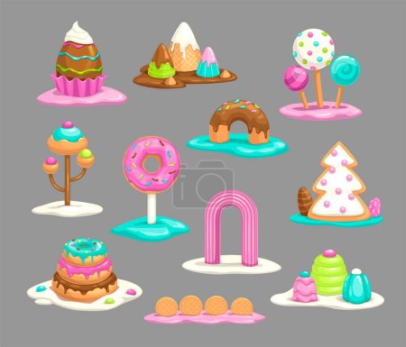Téléchargez les illustrations : Sweet decorative fantasy objects for candy land design. Sweetland cartoon assets for game design. Chocolate, sugar, caramel, cream, donut, candies elements. Vector isolated sweets, icons set - en licence libre de droit