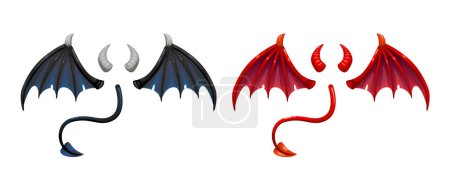 Téléchargez les illustrations : Devil tail, horns and wings, isolated icons on white background. Demonic red and black elements for the photo decoration. Vector illustration. - en licence libre de droit