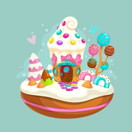 Téléchargez les illustrations : Flying sweet island with cute cake house, candy tree, ice cream, lollipops, donut and chocolate. Cartoon game asset. Vector sweets illustration. - en licence libre de droit