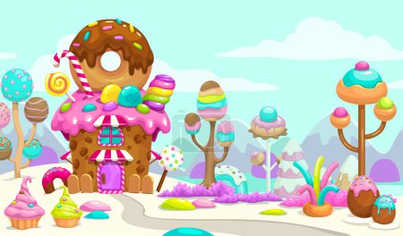 Téléchargez les illustrations : Cartoon sweet candy land scene, horizontal magic childish illustration, vector fantasy landscape with cute cake house. - en licence libre de droit