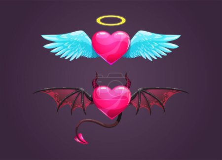 Ángel y el diablo corazones de dibujos animados. Iconos de concepto de amor. Ilustración vectorial.