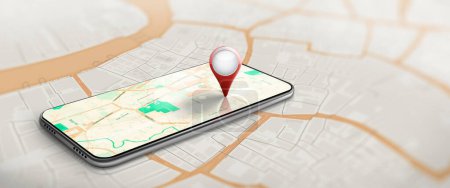 Application of GPS Navigation map on smartphone with Red, blue, and yellow pinpoint. Route map with Location pinpoint symbols on screen and World map background. 3D Render.