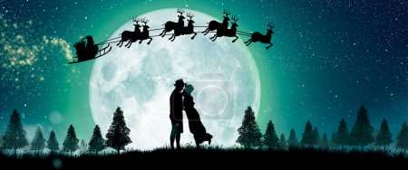 Téléchargez les photos : Silhouette du Père Noël obtenir un mouvement pour monter sur leurs rennes sur la pleine lune la nuit de Noël. Profiter couple dansant sous la pleine lune. - en image libre de droit
