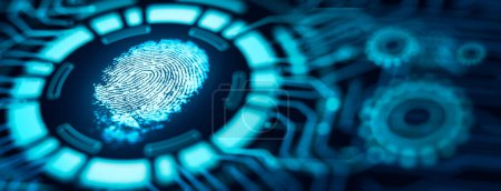 Ein Scan mit Fingerabdrucktechnologie bietet Sicherheitszugriff. Fortschrittliche technologische Verifizierung Zukunft und kybernetisch. Biometrische Authentifizierung und Identitätskonzept. 3D-Rendering.