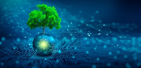 Photo for Tree growing on Circuit digital ball. Digital and Technology Convergence. Blue light and Wireframe network background. Green Computing, Green Technology, Green IT, csr, and IT ethics Concept. - Royalty Free Image