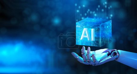 Robot hand holding Ai Processor chip of Cube Technology. Big data storage, Cloud computing, Machine learning, Ai blockchain technology. Artificial intelligence learnability Concept. 3D illustration.
