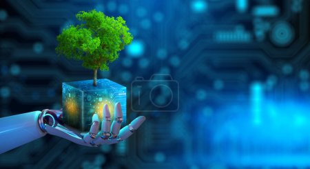 Téléchargez les photos : Robot main tenant arbre sur cube numérique avec convergence technologique fond bleu. Informatique verte, csr, éthique informatique, interaction des technologies de la nature et respectueux de l'environnement. - en image libre de droit
