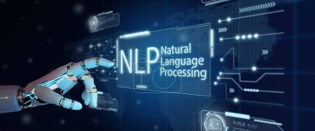 Hand of Ai Robot touching hologram screen with world map background. NLP Natural Language Processing cognitive computing technology concept.