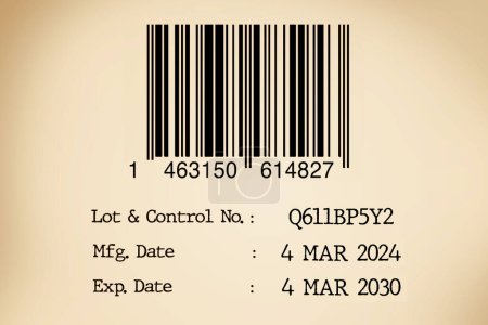 Detalles de la fecha de caducidad y fecha de fabricación con código de barras en la etiqueta del producto.