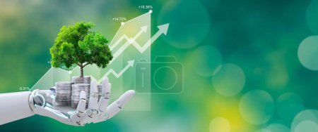 Mano de robot sosteniendo Árbol en crecimiento en monedas con gráfico de stock sobre fondo verde. Inteligencia Artificial, Ahorro de ecología, negocio verde csr, ética empresarial, ideas de inversión, y crecimiento de negocios.
